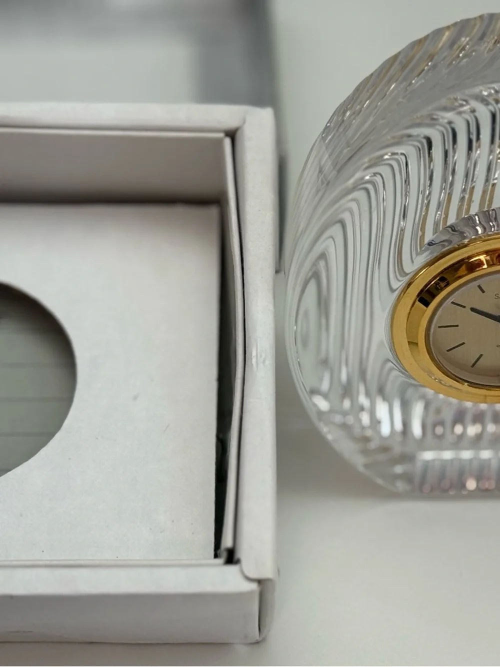 Vintage Sasaki Clear Crystal Quartz Desk Clock with Gold Accents
